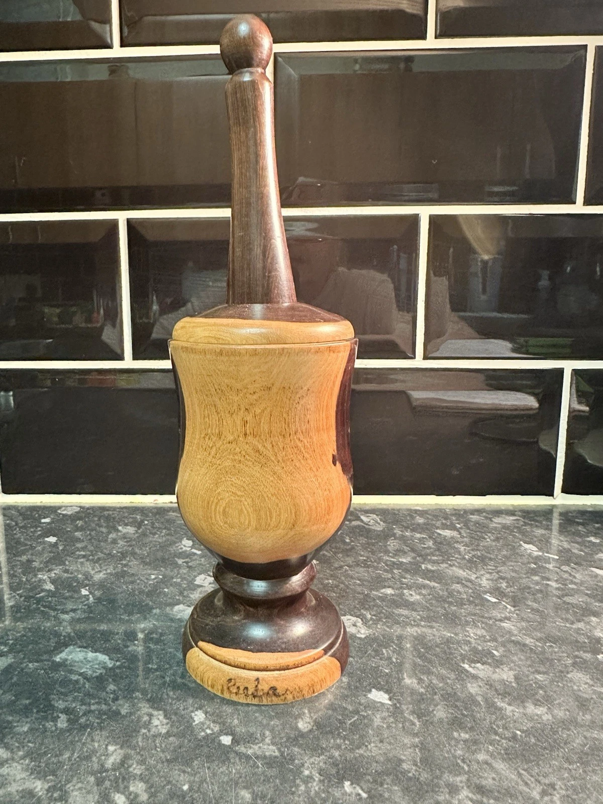 Rare Artisan Cocobolo & Maple Lidded Mortar and Pestle Signed Hand-Turned Treen