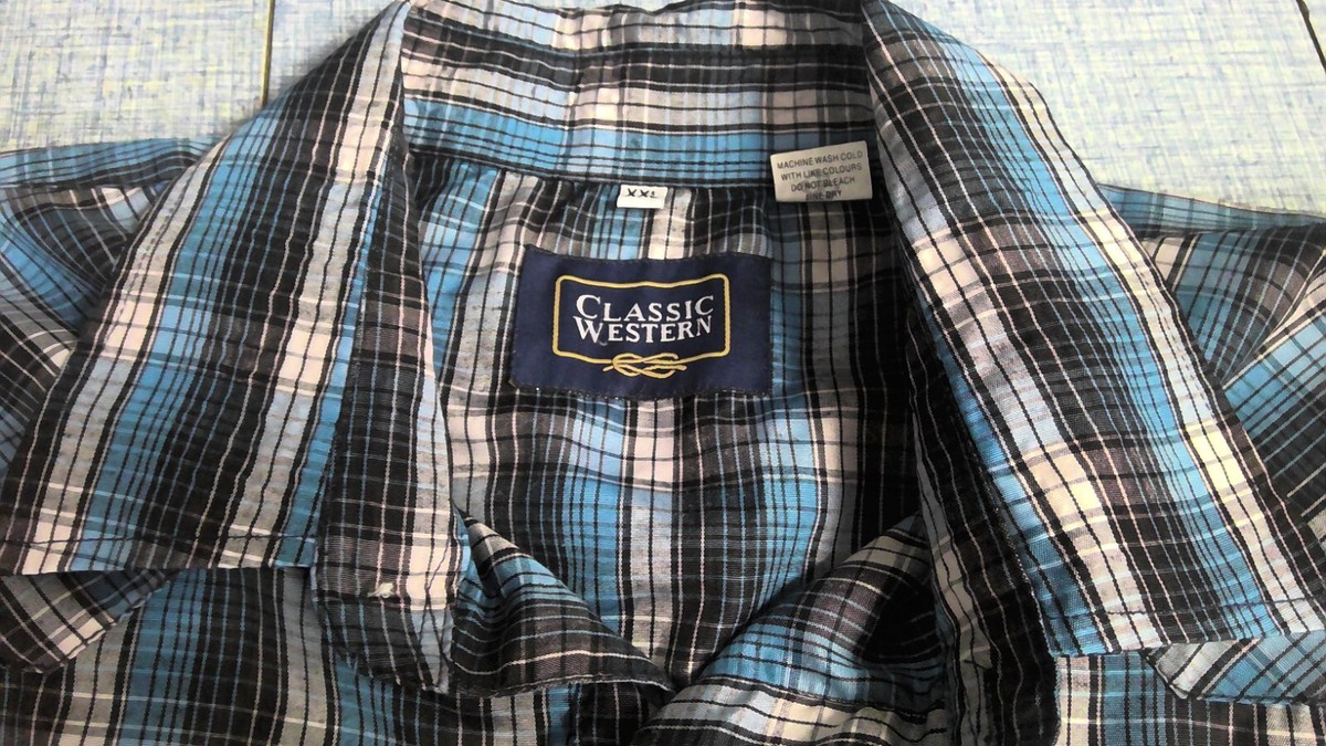 Chemise Western Vintage Manches Courtes Bleue - Taille L (16 1/2), Boutons Pression (snap), Occasion Très Bon état