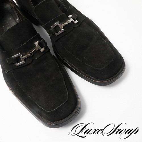 Y2K 2000s Gucci Made Italy Black Suede Silver Horsebit Square Toe Loafers 10.5