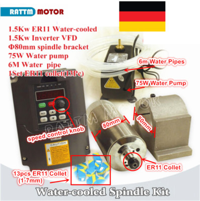 【DE】1.5KW Water Cooled Spindle Motor ER11+ 1.5KW VFD Inverter+Clamp+Pump+Collets