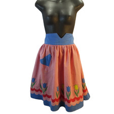 VTG Apron Full Skirt Red Checked with Tulips Retro 1950s Style MCM Country Core