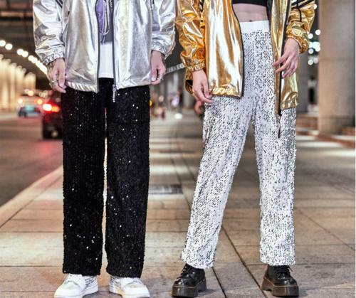 Paillettes da uomo glitter pantaloni festa casual vita elastica cantante pantaloni lucidi NUOVI - Foto 2 di 13
