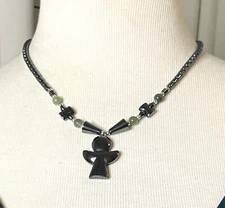 Hematite Silver Tone and Glass Bead Angel Pendant Necklace (Fas-061)