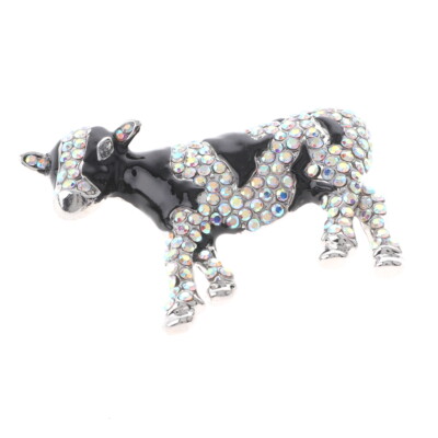 Silver Tone Metal Crystal Cow Brooch P1495-SAB