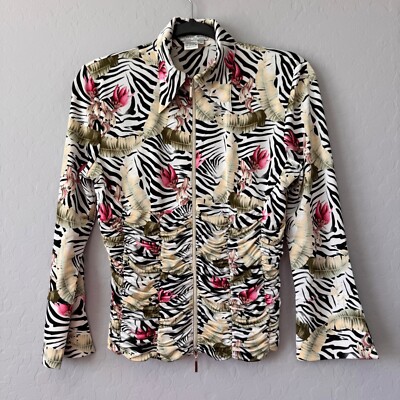 Alberto Makali Zebra Floral Print Ruched Front Zip Up Top Blouse M
