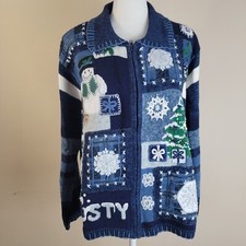 Tiara International Snowflake Frosty Snowman Winter Zip Christmas Sweater L Blue