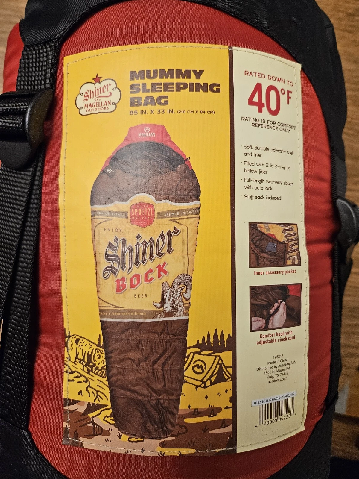 Shiner Bock Beer Shaped Magellan Outdoors 40 Degree Mummy Sleeping Bag NEW