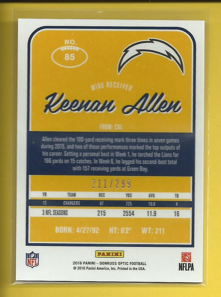 Keenan Allen  2016 Donruss Optic AQUA Holo Card # 85 #'d / 299 L A Chargers - Image 2 of 3