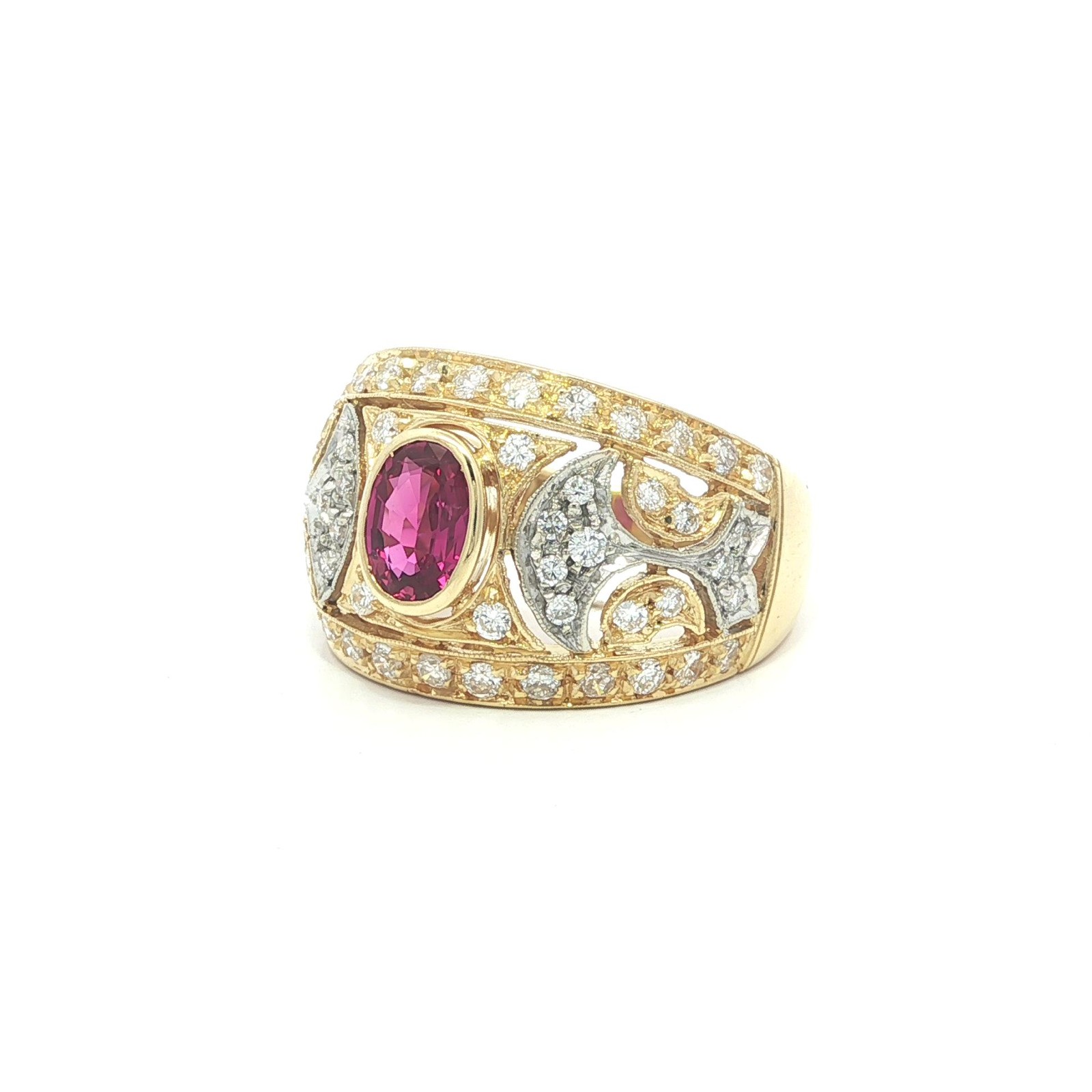 18k Solid Gold 1.35ct Bezel Oval Ruby Diamond Ope… - image 5