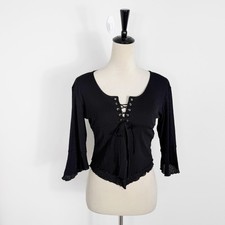 VTG Whimsigoth Y2K Babydoll Top Black Fairy Grunge Boho Vamp LettuceTrim Large