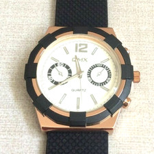QMX Men's Watch Rose Gold & Black Bezel Round White Dial on Black Rubber Band!