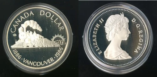 1986 CANADIAN PROOF SILVER DOLLAR VANCOUVER & TRANSCONTENTIAL RR COA CASE