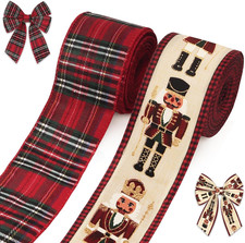 2 Rolls Christmas Ribbons for Crafting, 2.5" 10 Yards Xmas Wired Edge Ribbon Re