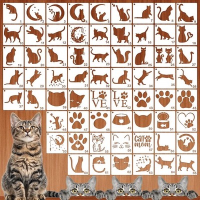 65pcs Reusable Cat Stencils for Painting on Wood,Cat Theme white 
