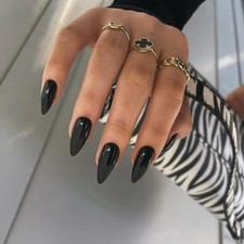 All Black Press on Nails Medium Almond Stiletto - Halloween Pure Glossy Black