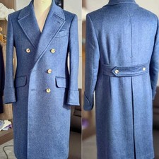 Men Blue Overcoat Double Breasted Tweed Cashmere Winter Outdoor Warm Long Coat