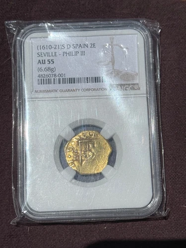 1610 Seville Spain 2 Escudo Gold Cob Coin * NGC AU55! * Super RARE * Pirate Gold