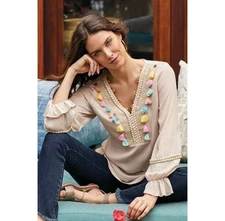 Soft Surroundings Clementine Tunic Top 2X Beige Tan Boho Embroidered Tassels