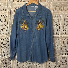 Vintage Bobbie Brooks Christmas Embroidered Bells Denim Button Front Shirt-SEE