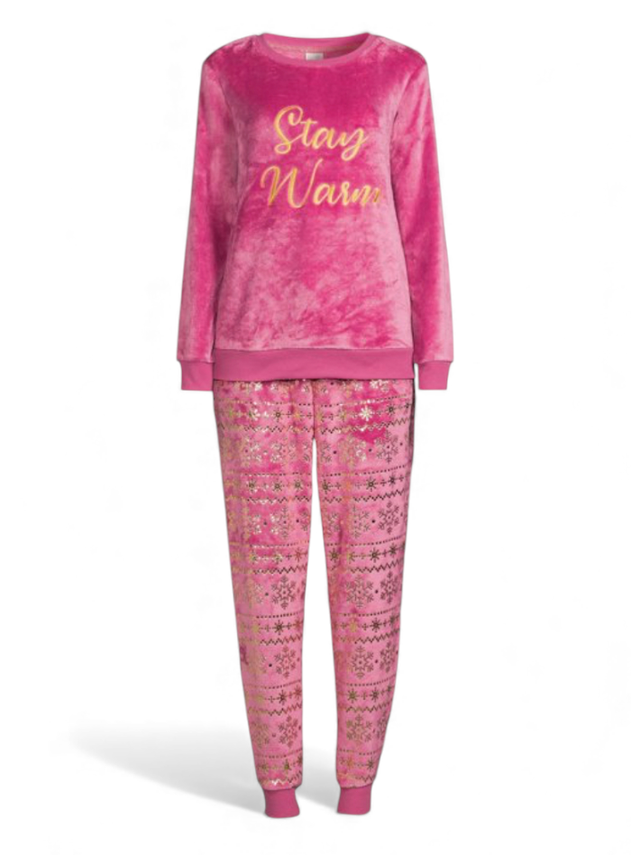 SECRET TREASURES Pink Fuzzy Fleece Pajamas STAY WARM Gold Snowflakes Joggers M