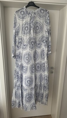 0039 Italy Maxikleid Milly Long, Weiß mit Muster in Blau, feine Baumwolle,Gr. XL