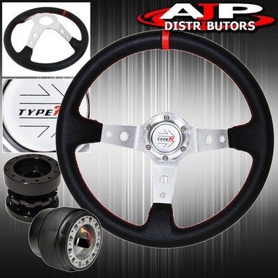 Hub For 89-05 Eclipse + Extender + Deep Dish Black Steering Wheel Red Stitching