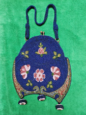 Antique Nouveau Blue Beaded purse, unique styling design 1910-1920