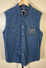 Harley Davidson Blue Denim Jean Snap Vest Sz XL Frayed Sleeveless Biker Rider