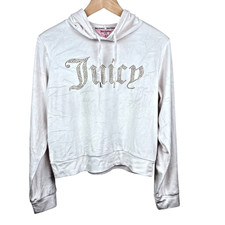 NWT Juicy Couture Velour Hoodie Sleepwear Ivory Rhinestone Logo Cropped Size M