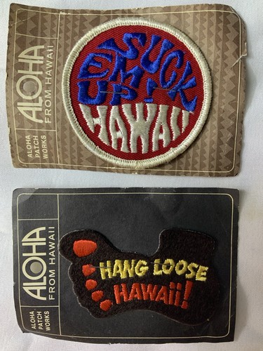 2 Vintage 1980s Hawaii Aloha Patch Works Sew On Patches Suck 'Em Up / Hang Loose