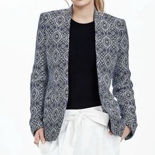 Banana Republic Tile Jacquard Open Front Blazer Jacket Blue White Geometric Sz 0