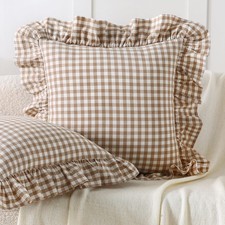 2 Pack Taupe White Plaid Ruffle Throw Pillow Covers, 100 Cotton Gingham Chec...