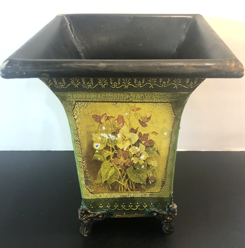 Decorative Planters (2) Footed Red Floral Toile 9” x 7” T Some Imperfections - Picture 4 of 13