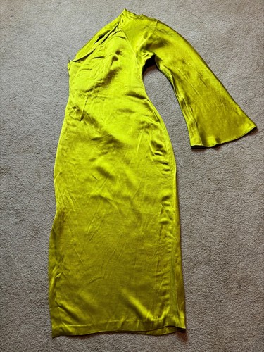 NWT Defects Zara Single 1-Shoulder Bell Sleeve Draped Satin Linen Midi Dress S - Picture 9 of 11