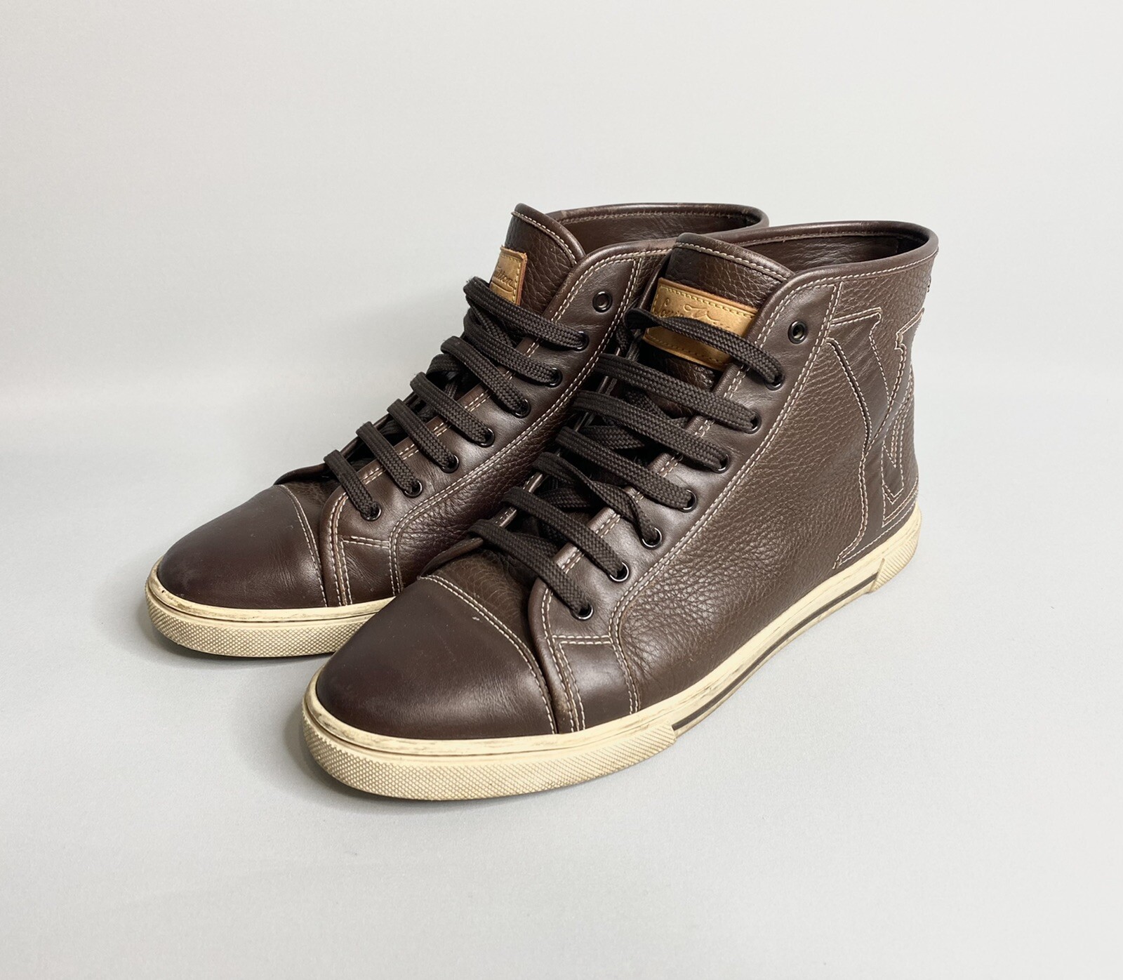 Louis Vuitton High Top Sneakers Leather Shoes Lv Logo Brown Size 36,5 Us 6  | eBay