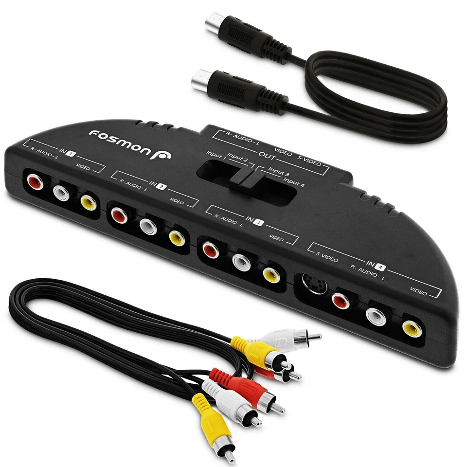 Fosmon 4 Port AV Composite RCA Selector Box Switch Splitter w/ Cable Cord Plug