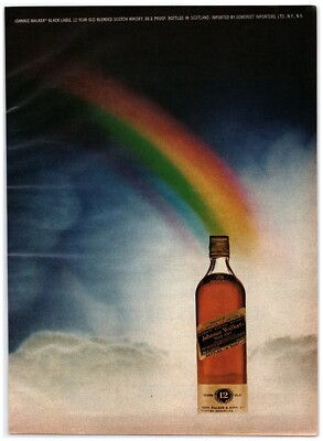 PRINT AD, 1973 Johnnie Walker Black Label 12 Year Old Whisky Bottle End Rainbow
