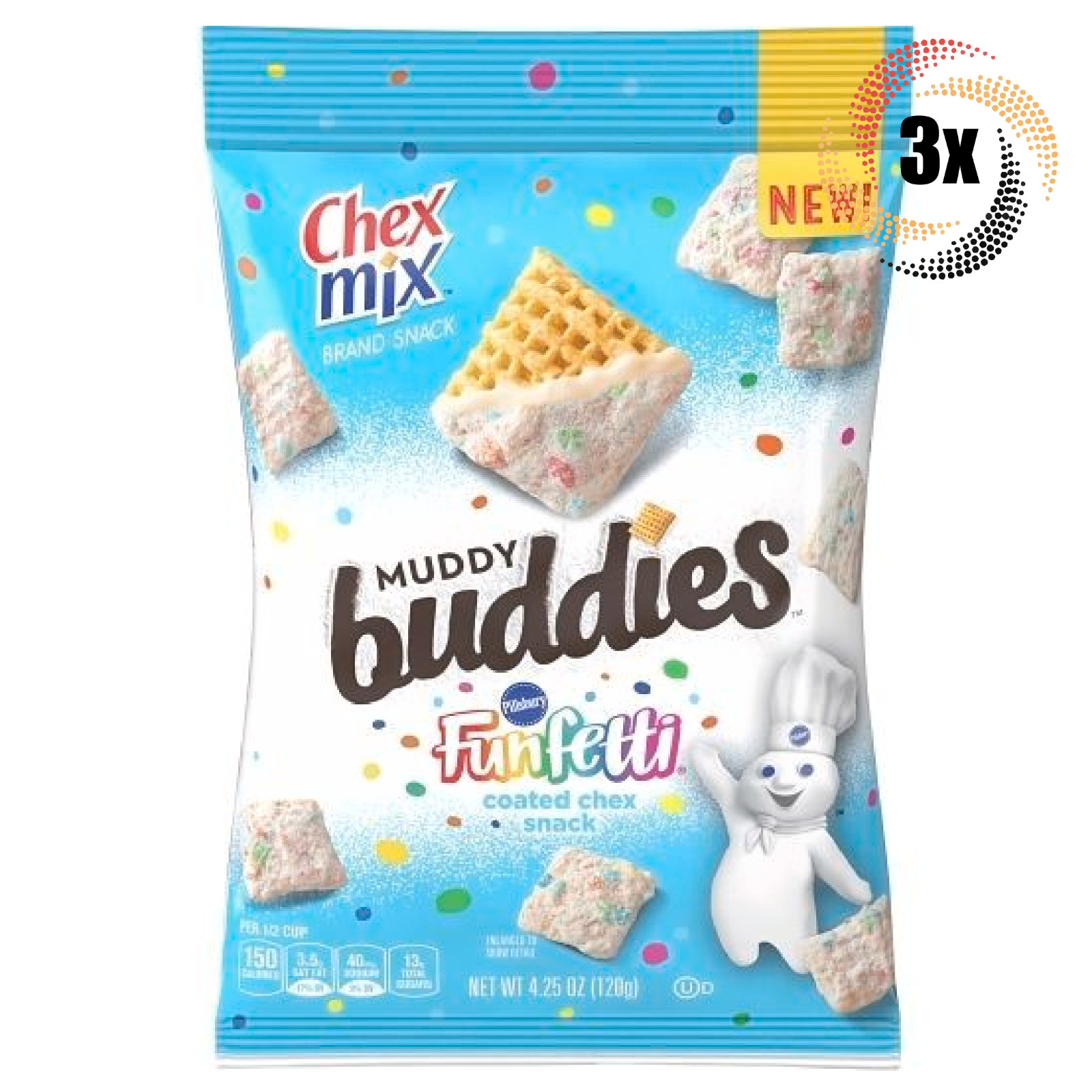 3 пакетика закусочной смеси Chex Mix Muddy Buddies Pillsbury Funfetti, покрытой мукой | 4,25 унции