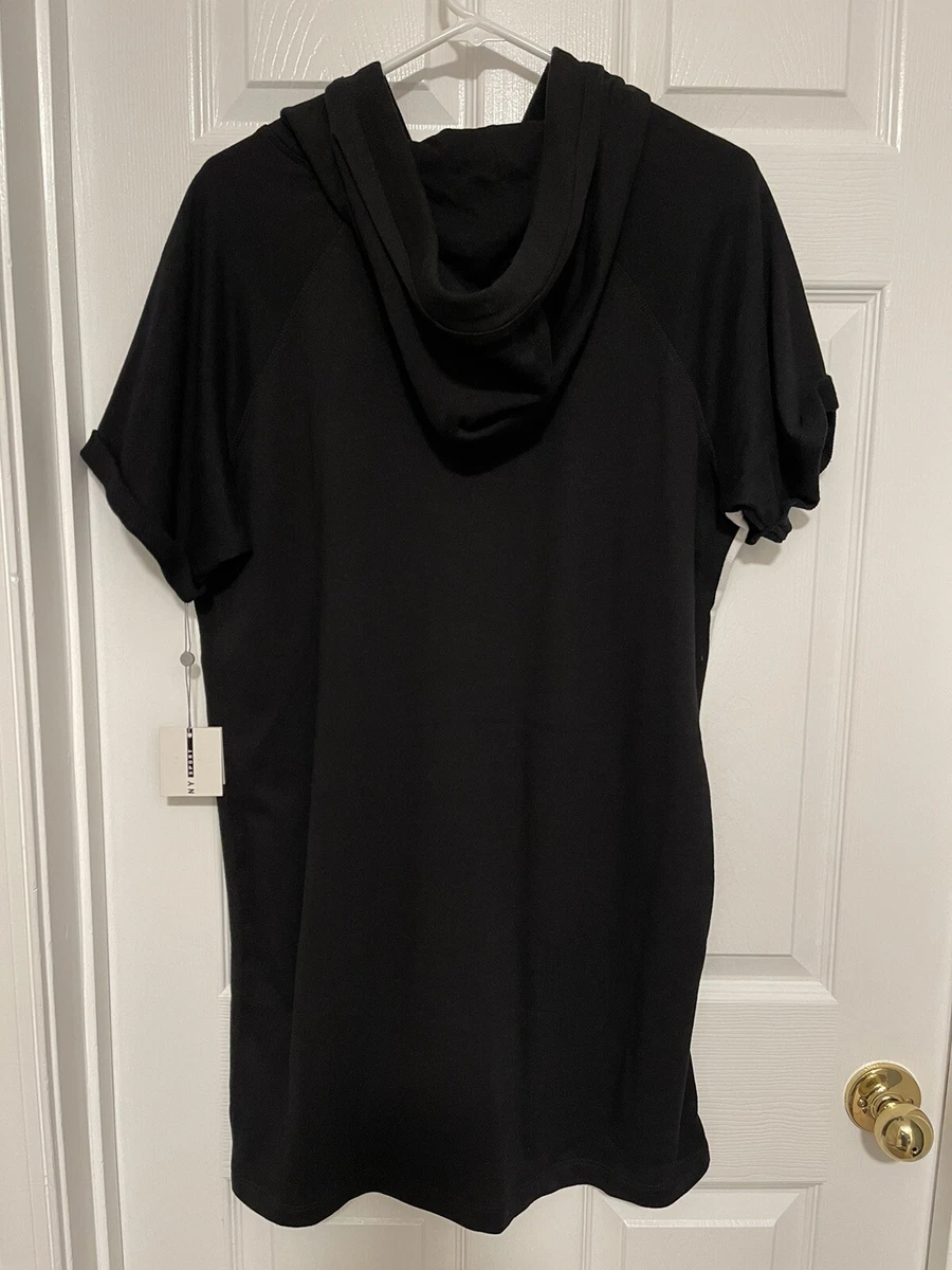 NWT DKNY Sport Ladies Black White Logo Hooded SS Sweatshirt Dress Sz. L
