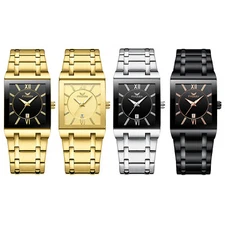 Mens Waterproof Square Stainless Steel Watch Quartz Analog Business Date Watches