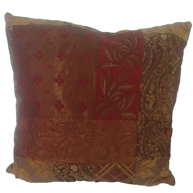 Pier One Throw Pillow, Patchwork Paisley Copper, Brown, Burgandy, w Gold 17x17 - Image 3 of 4