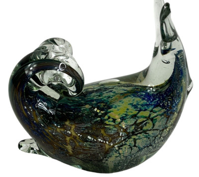 Art Glass Snail Paperweight Green Clear Hand Blown 5 Inch Slug Heavy Unique 