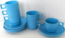 MCM plastic stackable 6 sets cups and saucers ring handle blue small 4oz