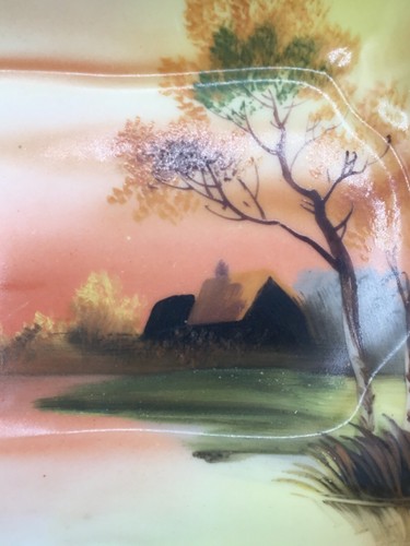Plato Noritake M pintado a mano Sm festoneado borde dorado puesta de sol casa árbol lago Japón - Imagen 7 de 14