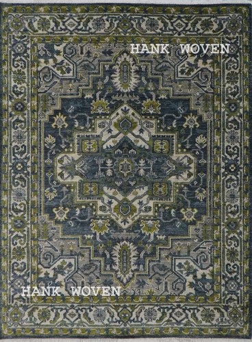 Handmade Traditional Heriz-Serapi 8x10 Blue With Olive Accents Rug |Customizable