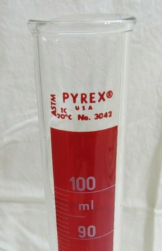 PYREX CORNING 100ml GRADUIERTER ZYLINDER BECHER 3042 USA ROT SECHSKANT BASIS GLAS VTG - Bild 2 von 4