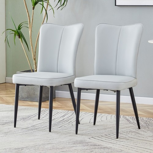Modern Minimalist Dining/Office Chairs, 2-Pc Light Gray PU, Black Metal Set