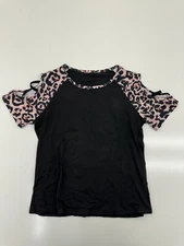 Shein Black Cheetah Print Cold Shoulder Short Sleeve Shirt Womens Size XL