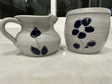 Williamsburg Pottery Hand Turned Salt Glazed Matching Cream and Sugar Set Cobalt