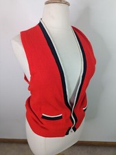 VTG 60s Bright Red Nautical Stripe VNeck Cardigan Sweater Vest Women's Large V3